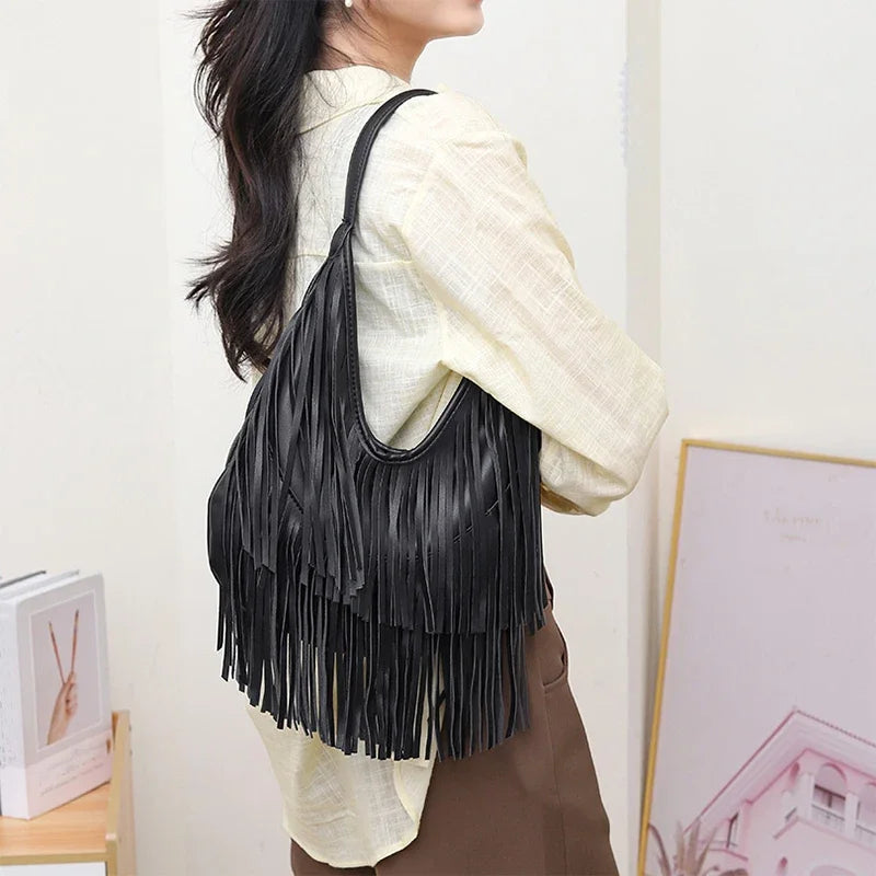 Trendy Long Tassel Hobo Underarm Shoulder Bag | Designer Large Capacity Women's Tote Bag | Soft Solid Color PU Handbag (Black, Brown) Luxegan