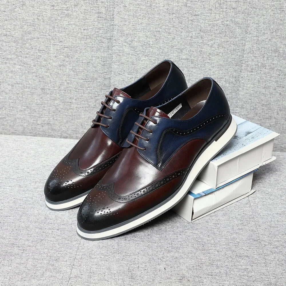 Luxury Men's Real Cow Leather Three-Color Wingtip Derby Shoes | Top Designer Original Casual Sneakers (Breathable) Luxegan