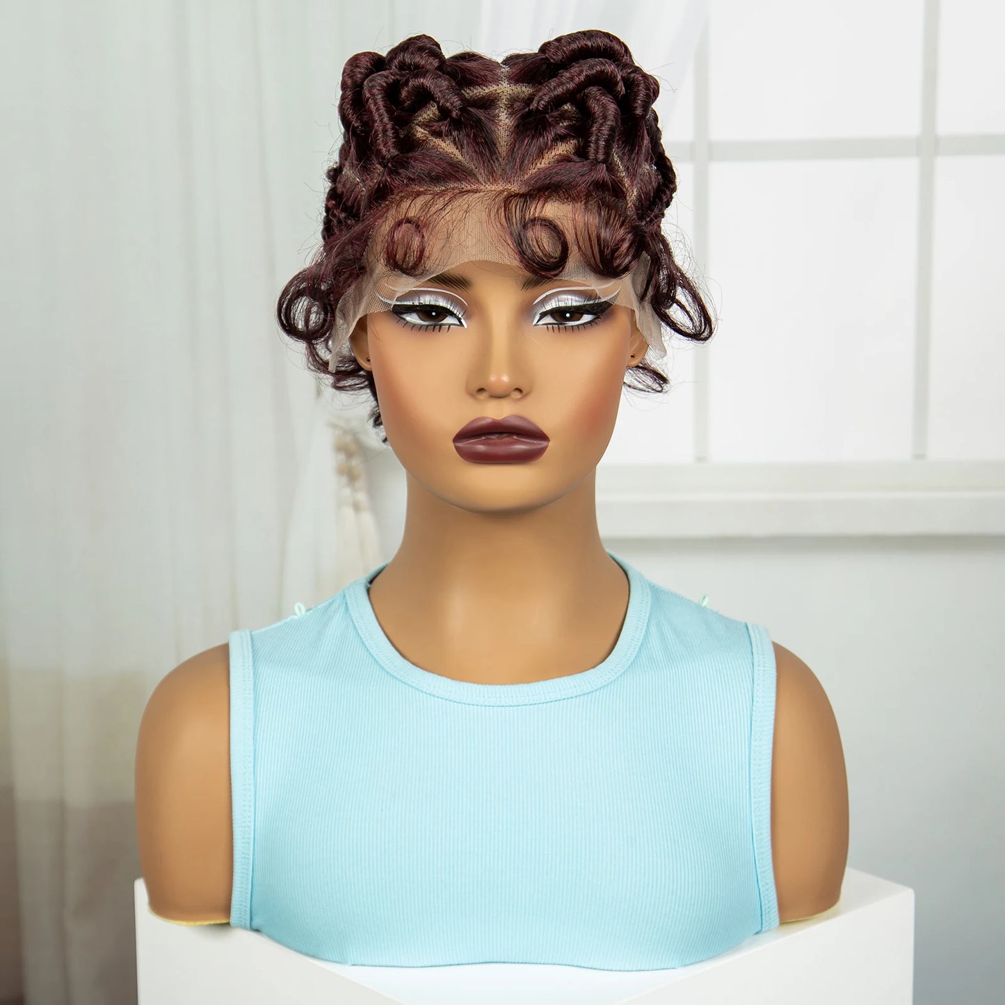 Burgundy Full Lace Synthetic Braided Wig | Knotless Box Braids & Bantu Knots | Lace Front Wig with Baby Hair for Black Women