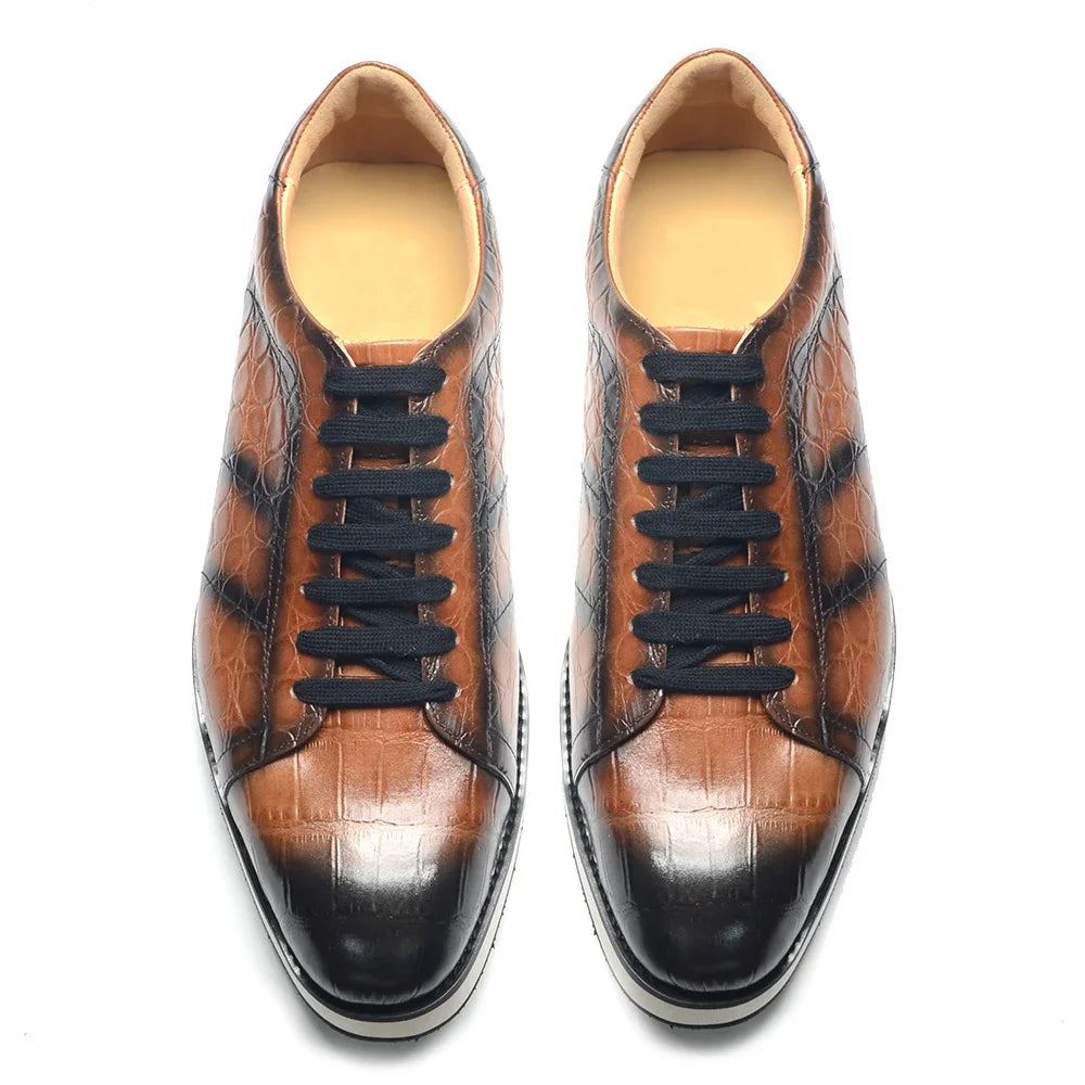 Men's Fashion Casual Sneakers | Genuine Cowhide Leather Crocodile Pattern Skateboard Shoes (Lace-up, Non-slip) Luxegan