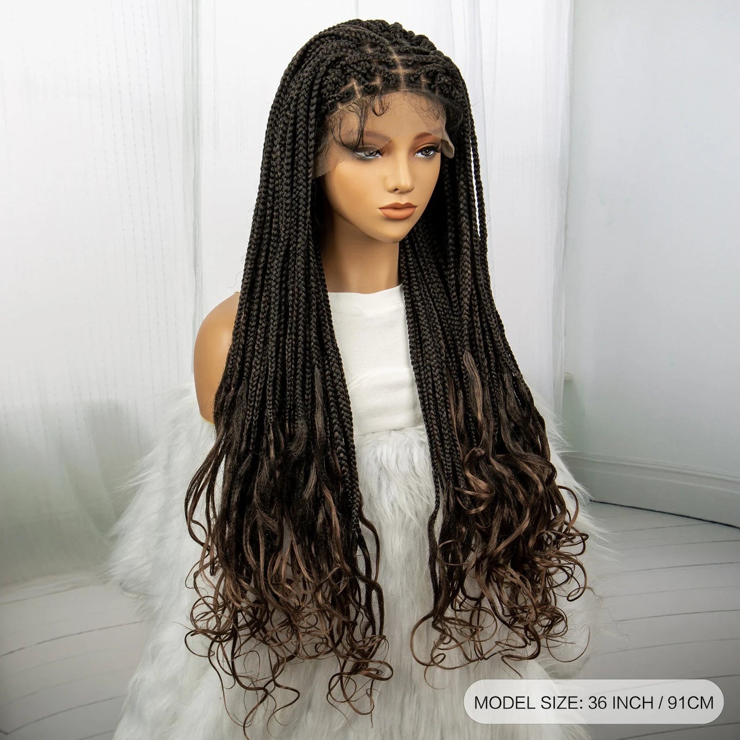 36 Inch Synthetic Braided Wigs Knotless Boho Braided Lace Wigs with Curly Ends Lace Front Braiding Hair Wig for Black Women Luxegan