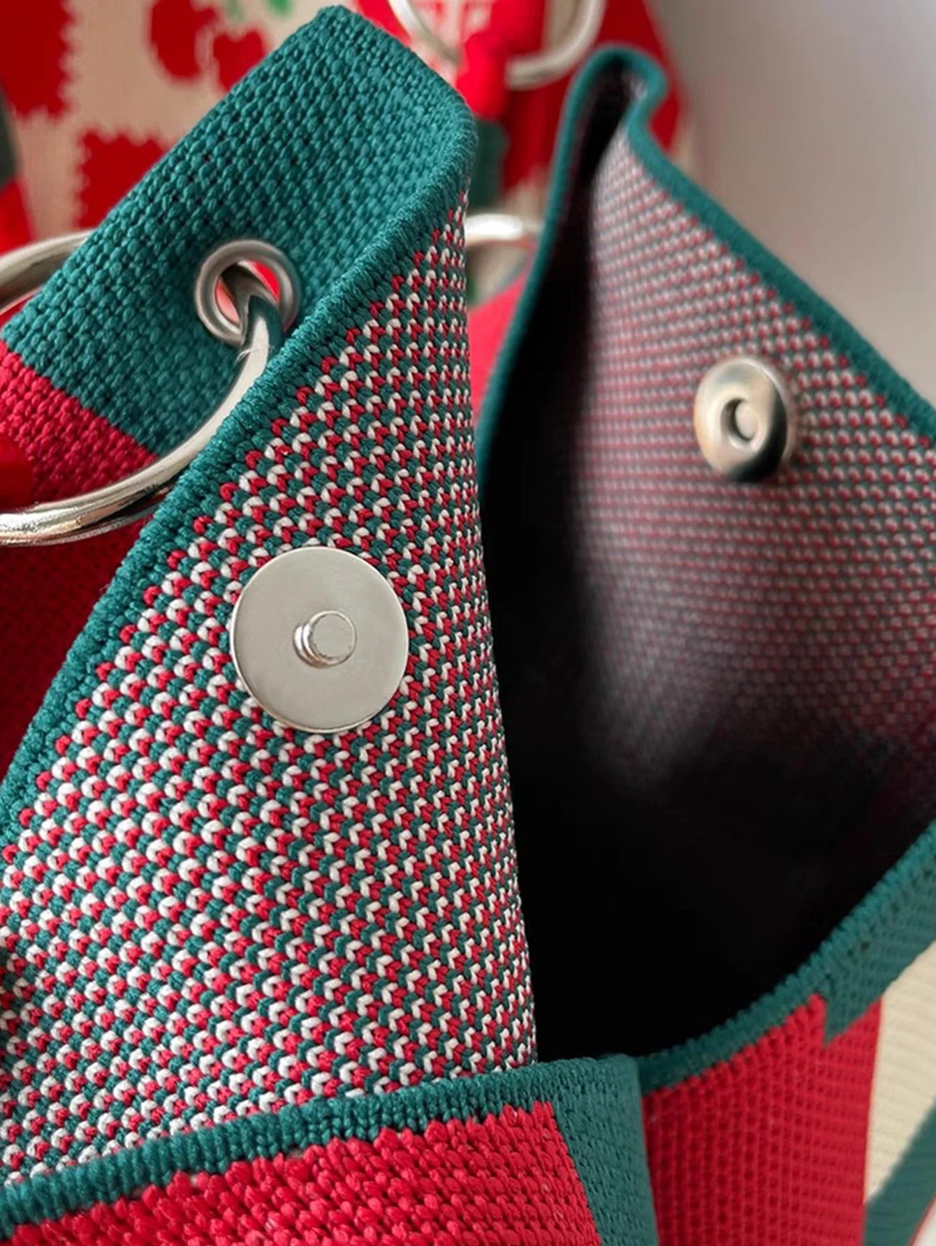 Red and Green Colour-Blocking Knitted Tote Bag | Small Square Double Handle Bag Luxegan