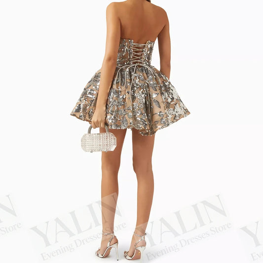 Sequined Flower Mini Cocktail Dress | Strapless Backless Party Gown Luxegan