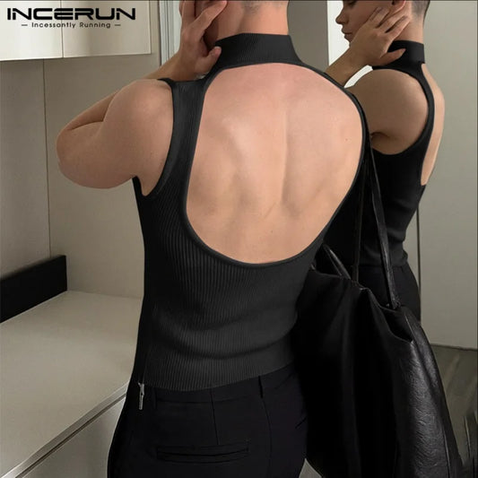 INCERUN Chalecos de hombre Tejido de color sólido Cuello alto Sin mangas Chalecos masculinos Ropa de calle Hueco Sin espalda Moda Ropa de hombre