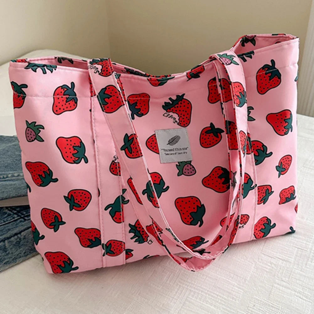 Cute Cherry & Strawberry Print Casual Tote | Sophisticated Large Capacity Nylon Shopping Bag | Elegant Aesthetic Fruit Pattern Handbag | Fashion-Forward Grocery Bag for Women with "Dignified" Soft Finish Luxegan