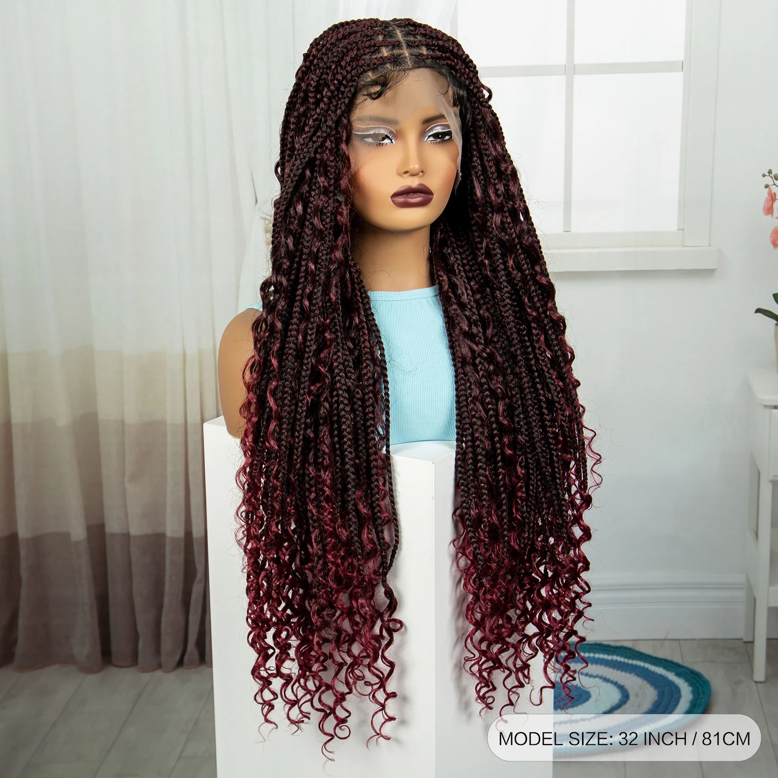 Burgundy Knotless Box Braids Wig with Curly Ends | Full Lace Handmade Luxegan