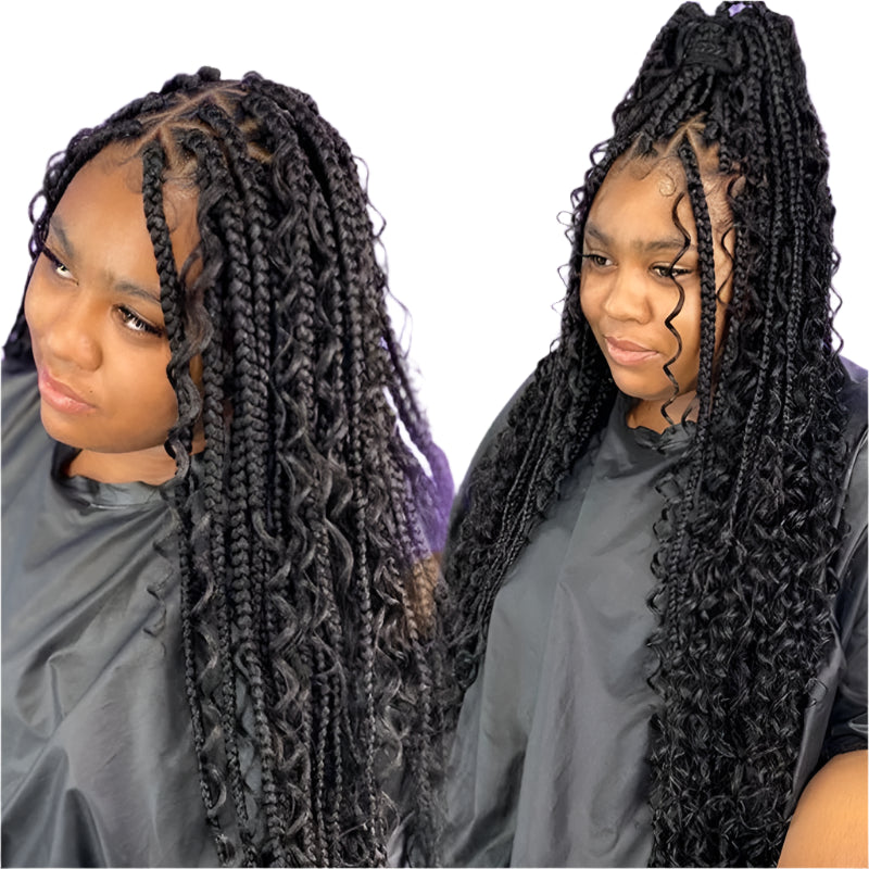 Burgundy Boho Box Braids Wig | Curly Goddess Locs | Full Lace Front | Synthetic Hair | Women