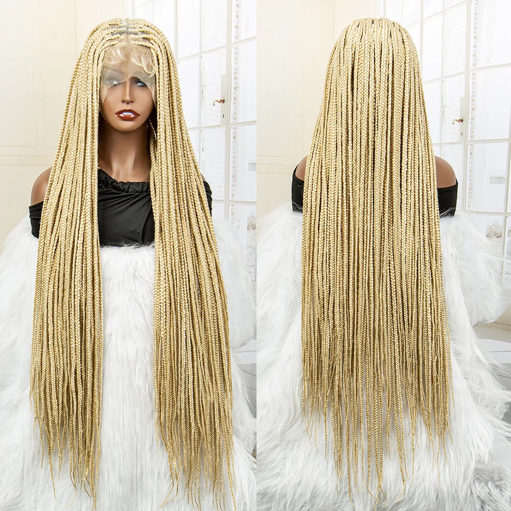 36" 613 Full Lace Knotless Box Braided Wig | Transparent HD Lace | Baby Hair | Synthetic Wig for Black Women Luxegan