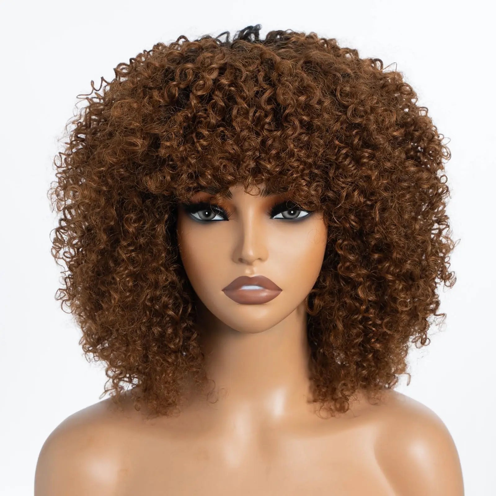 250% Density Blonde Highlight Sassy Curly Wig with Bangs | Glueless Brazilian Afro Kinky Remy Human Hair Luxegan