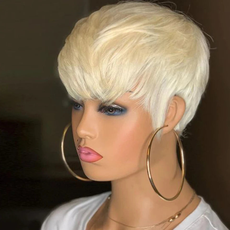 613 Honey Blonde Pixie Cut Straight Wig with Bangs | Glueless Peruvian Remy Human Hair Luxegan