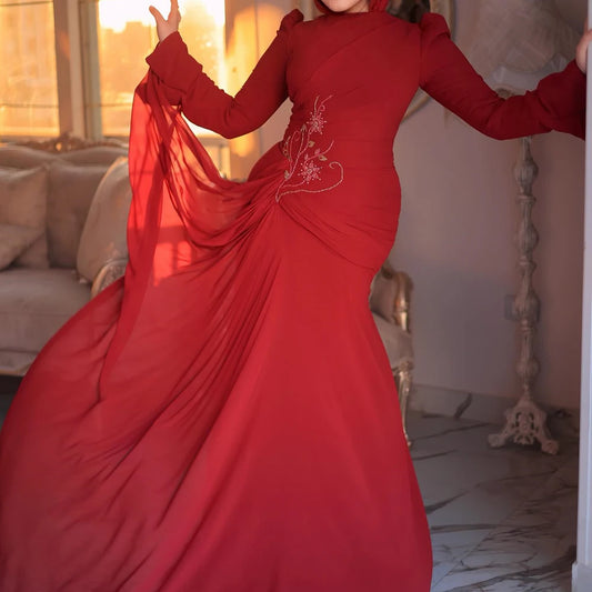 Floral Draped A-Line Evening Gown | High-Neck Full Sleeve Floor-Length Prom Dress - view 2