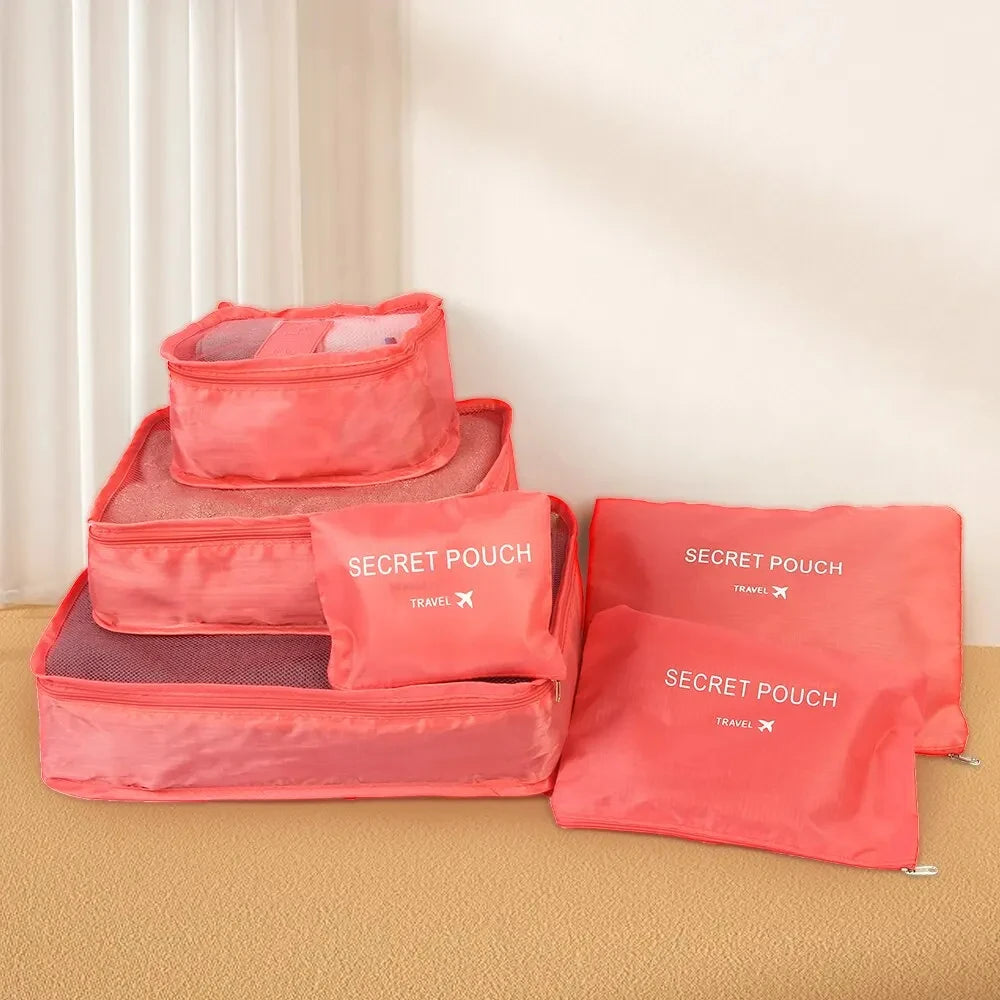 6Pcs Luggage Travel Bags | Underwear Shoes Storage Bag & Oxford Waterproof Cloth Suitcase Pouch Cube (Red Organiser for Clothing) Luxegan