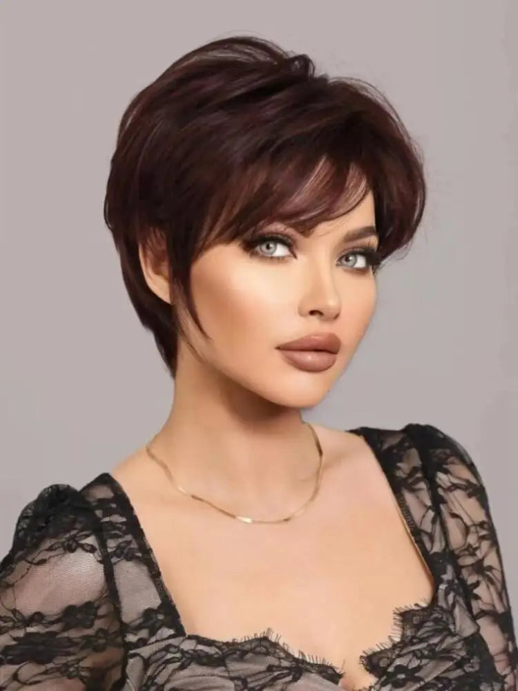 Deep Red Curly Pixie Wig with Bangs | Short Synthetic Heat-Resistant Daily Wig Luxegan