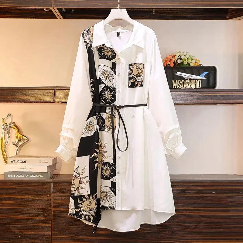Printed A-Line Polo Neck Dress – Belted, Long Sleeve, Knee-Length Luxegan