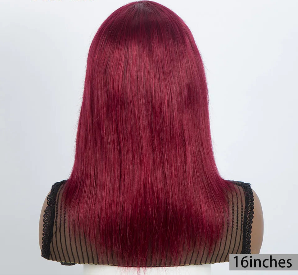 99J Wine Red Straight Bob Wig with Bangs | Full Machine Made Brazilian Remy Human Hair Luxegan