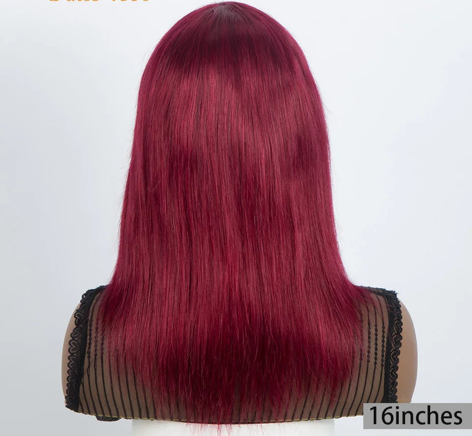 99J Burgundy Short Straight Bob Wig with Bangs | Full Machine Made Human Hair Luxegan