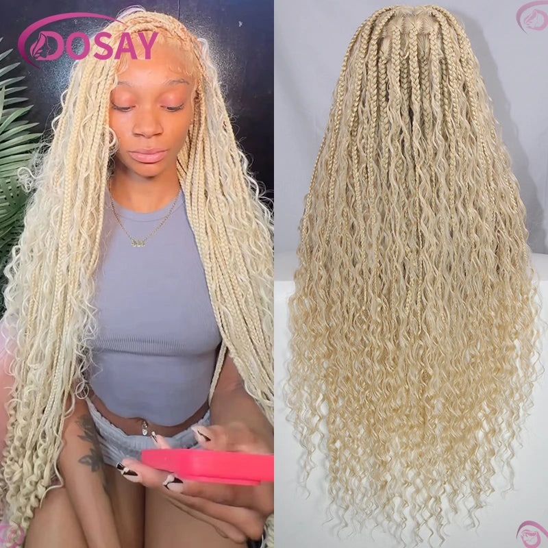 Boho Box Braided Wigs Synthetic Curly Wig Full Lace Front Wigs For Women 32" Goddess Braids Wig African Bohemian Braiding Hair Luxegan