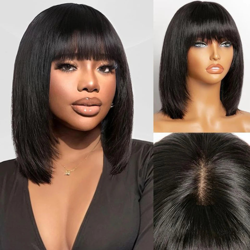 Indian Straight Bob Wig with Bangs | Glueless Middle Part Lace Human Hair (Realistic Scalp) Luxegan