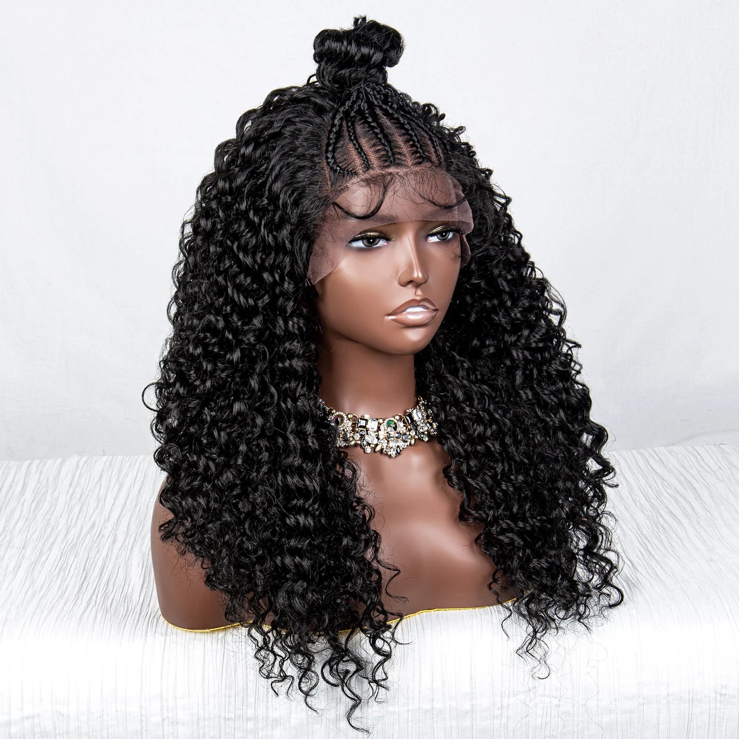 24" Kinky Curly Braids Wig with Buns | 13x4 Transparent Lace Front | Baby Hair Luxegan