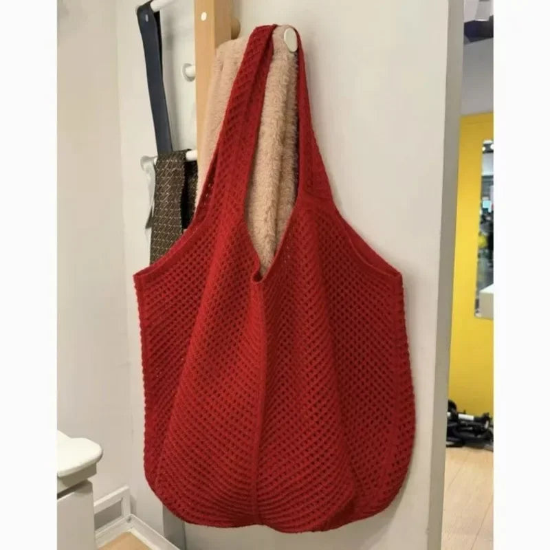 Women’s Solid Crochet Tote Handbag | Hollow Woven Summer Mesh Beach Bag | Large Capacity Aesthetic Knitting Hobo Bag | Casual Underarm Crochet Shoulder Bag Luxegan
