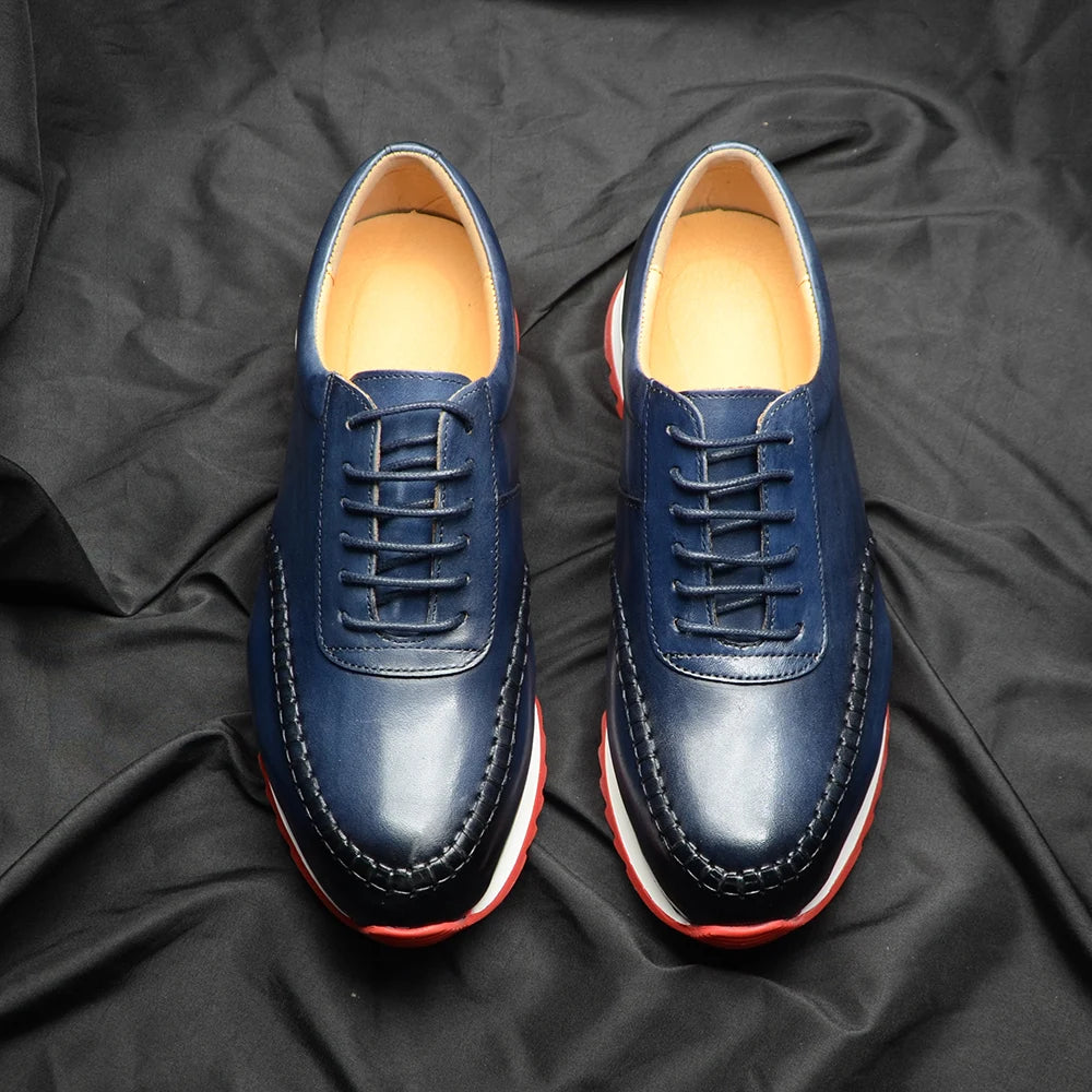Classy Men's Genuine Leather Low Top Sneakers | Red Bottom Lace-Up Casual Dress Shoes (Breathable) Luxegan