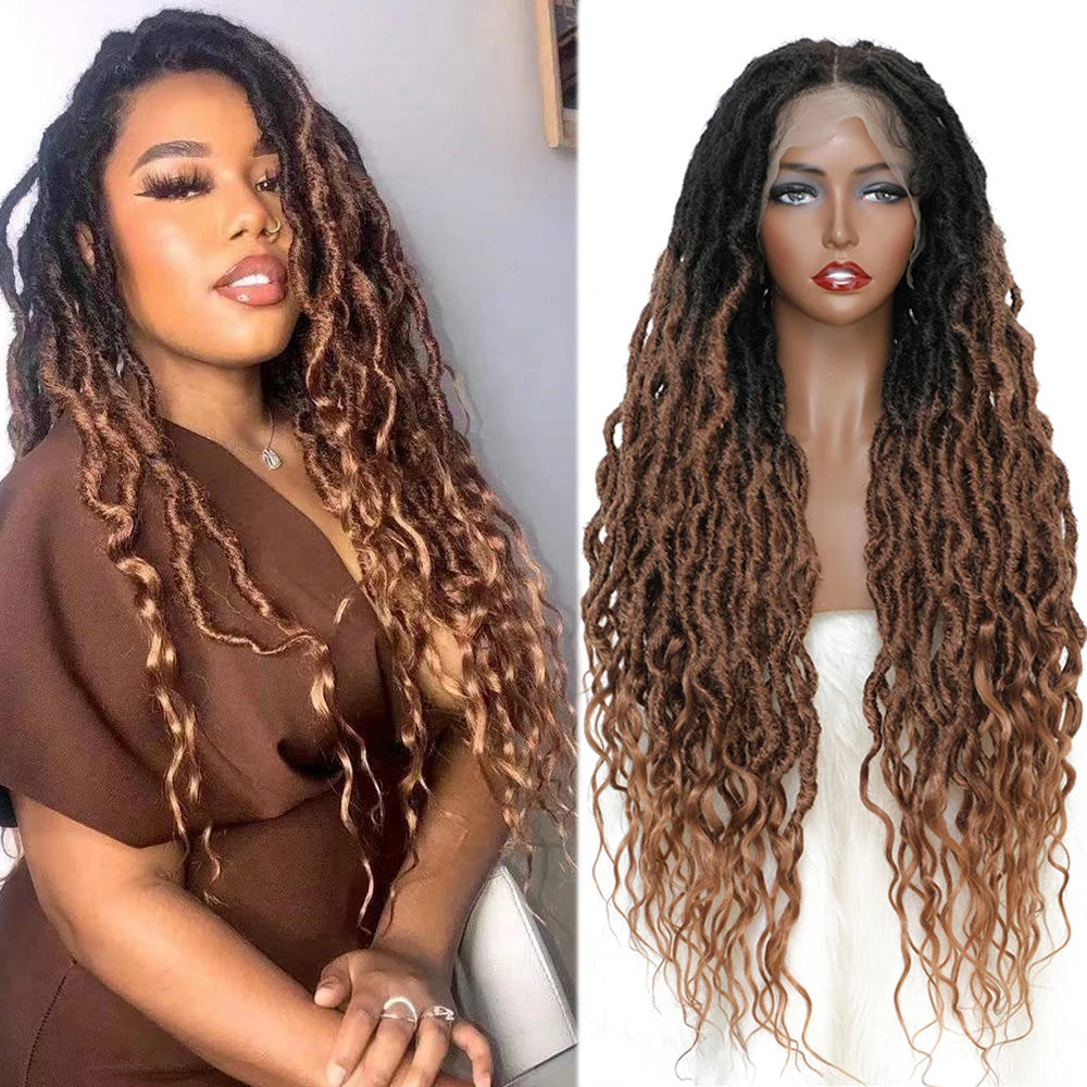 32" Ombre Brown Faux Locs Wig | 13x4 Lace Frontal | Baby Hair | Crochet Braids | X-TRESS Wigs