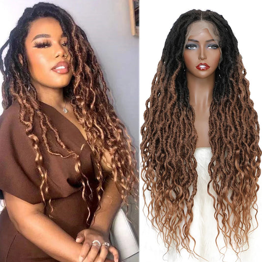 32" Ombre Brown Faux Locs Wig | 13x4 Lace Frontal | Baby Hair | Crochet Braids | X-TRESS Wigs