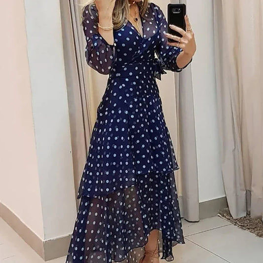 Elegante Vestido de Fiesta con Estampado de Puntos Azul Oscuro, Plisado Irregular, Vestidos de Noche Casuales con Cuello en V, Vestido de Cintura Alta, Vestidos