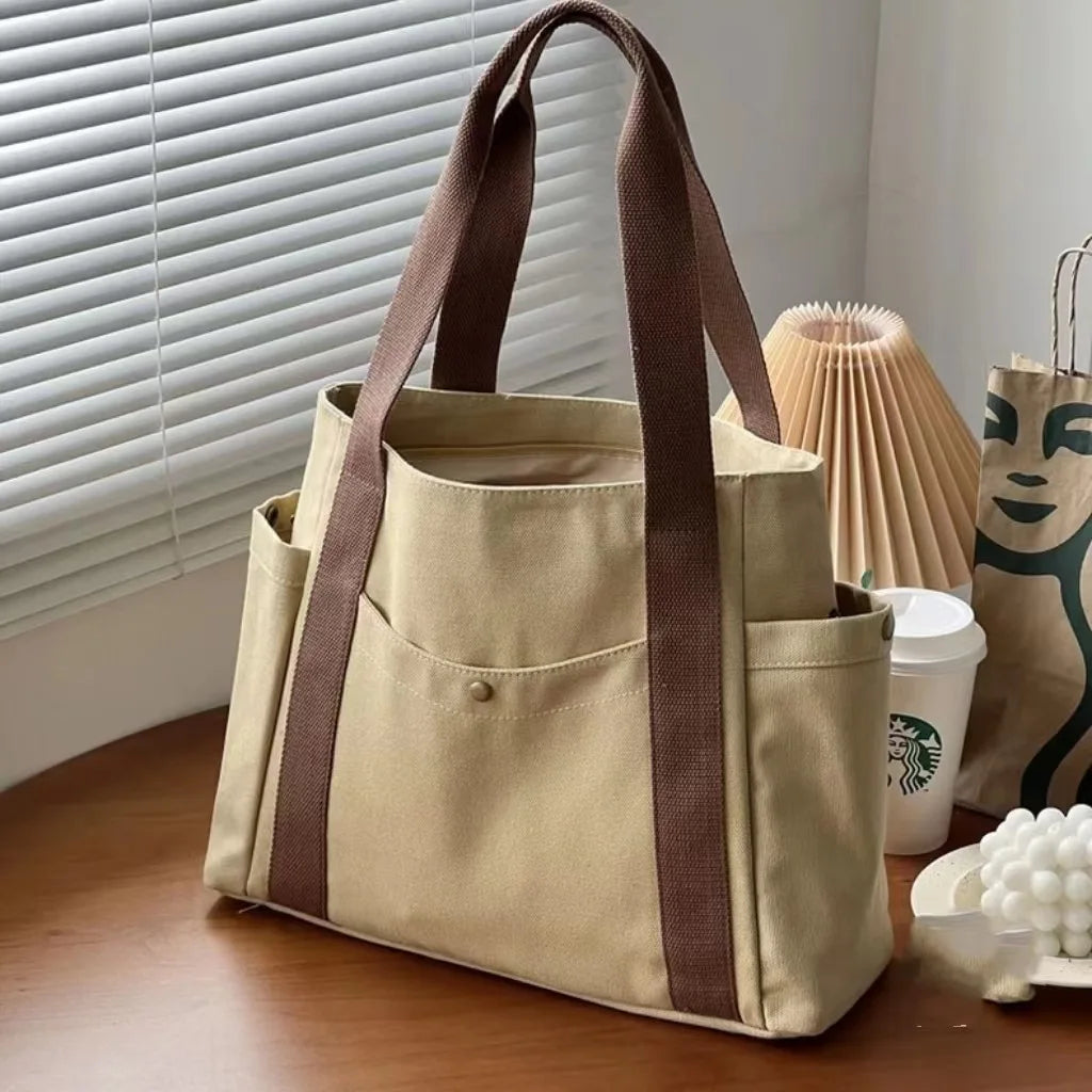 Large Capacity Canvas Commuter Tote | Solid Color Zipper Handbag Luxegan
