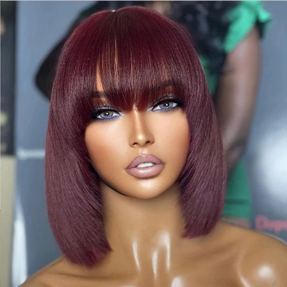 Silky Straight Bob Wig with Bangs | 100% Human Hair Full Machine Made (8-12 Inch) Luxegan