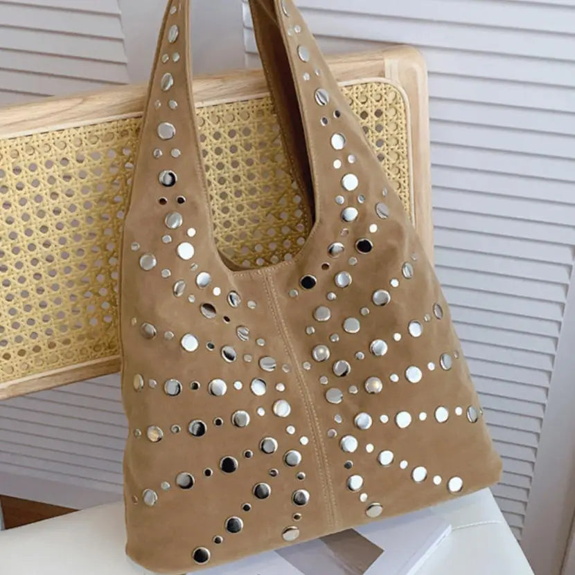 Women's Fashion Punk Metal Rivet Bucket Bag | High-End PU Suede Underarm Shoulder Tote | New Retro Trendy Motorcycle Handbag | Premium Solid Color Shoulder Bag with Hasp Closure Luxegan
