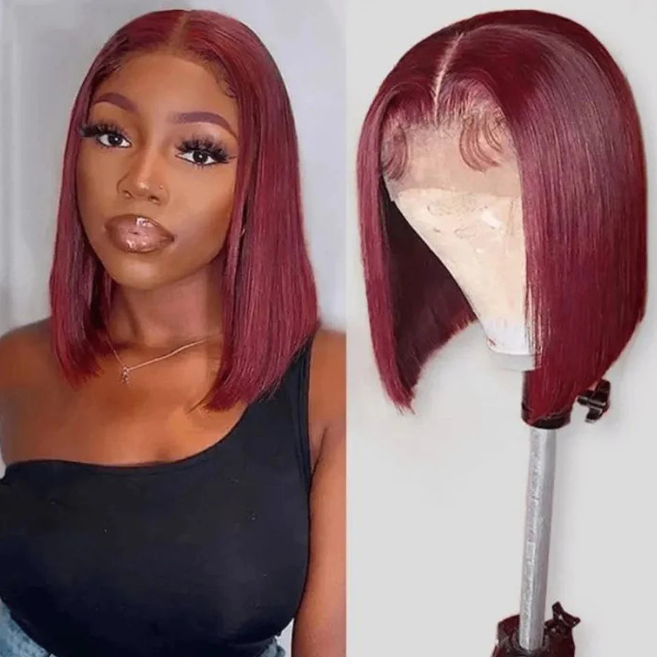 Burgundy HD Transparent Short Bob Wig | 99J Red Straight | 13x6x1 Lace Front Wig | Brazilian Remy Hair | Pre-Plucked