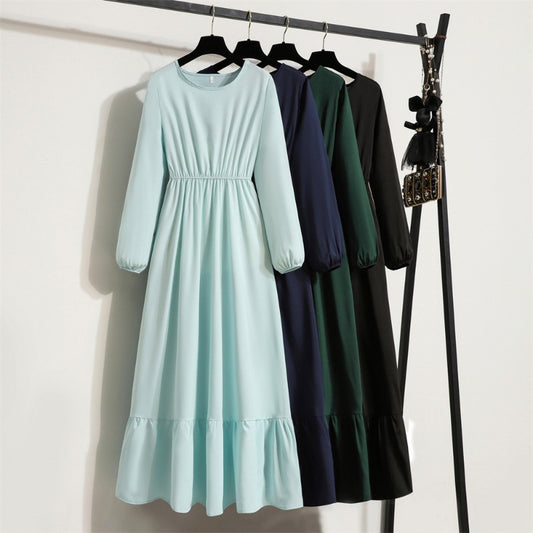 Women's Solid Chiffon Muslim Maxi Dress | Long-Sleeve Casual Loose Fit A-Line Dress | Full-Sleeve O-Neck Spring Autumn Ankle-Length Robe Luxegan