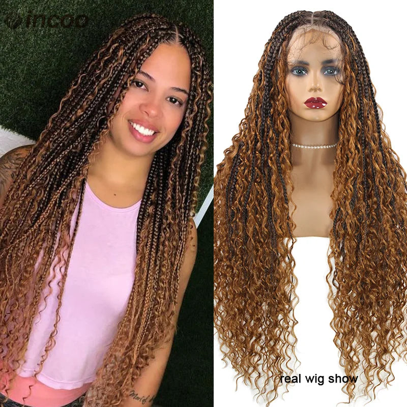 Long 32 Boho Braided Full Lace Front Wigs Synthetic Blonde Curly Goddess Locs Cornrows Wigs Pre Plucked Baby Hair Box Braids Wig Luxegan
