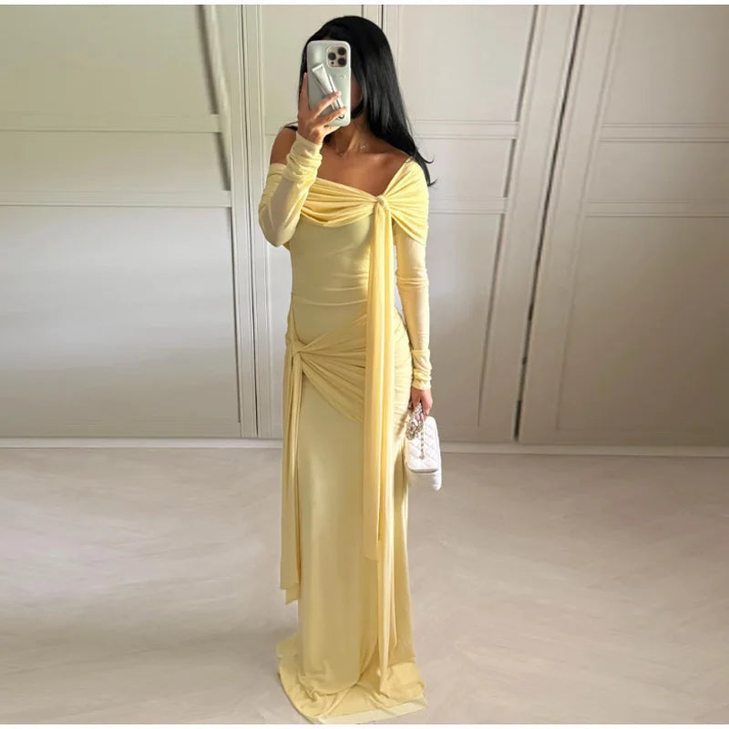 Off-the-Shoulder Long Sleeve Lace-Up Draped A-Line Floor-Length Maxi Dress | Elegant Chic Party Dress