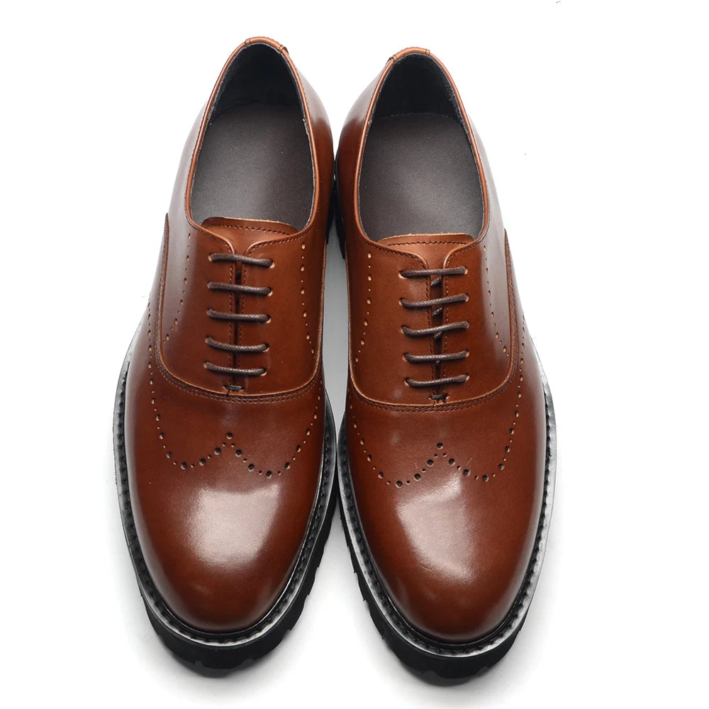 Luxury Men's Genuine Leather Platform Oxfords | Lightweight Black Sole Lace-Up Business & Casual Dress Shoes (Height Increasing) Luxegan