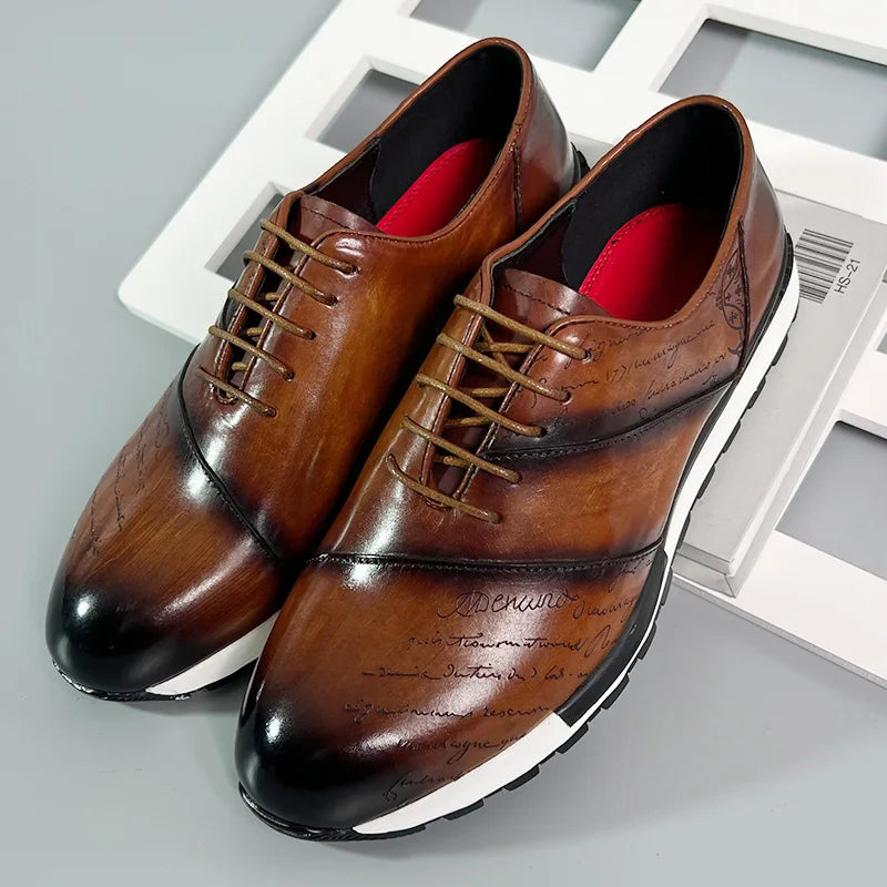 Men's Genuine Leather Oxford Sneakers | Sophisticated Letter Engraving Panel Detail | Elegant "Cow Leather" Lace-Up Casuals | "Dignified" Spring/Autumn Outdoor Daily Shoes for Radiant Versatile Styling Luxegan