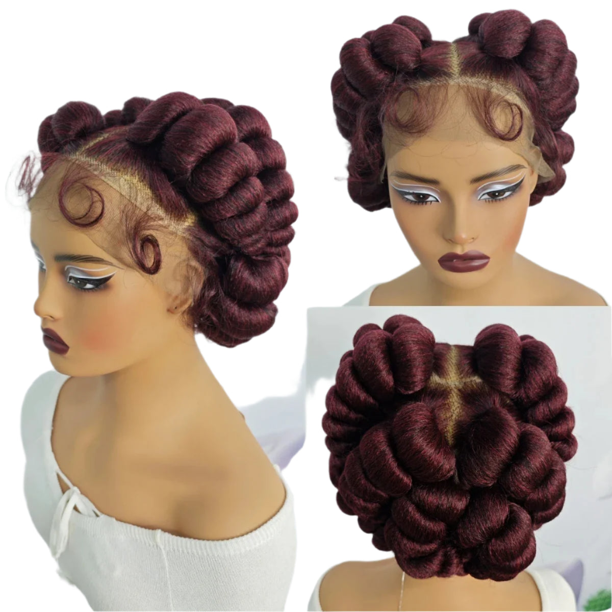 Short Cute Burgundy Bantu Knotless Braids Wig | Full Lace Handmade Luxegan