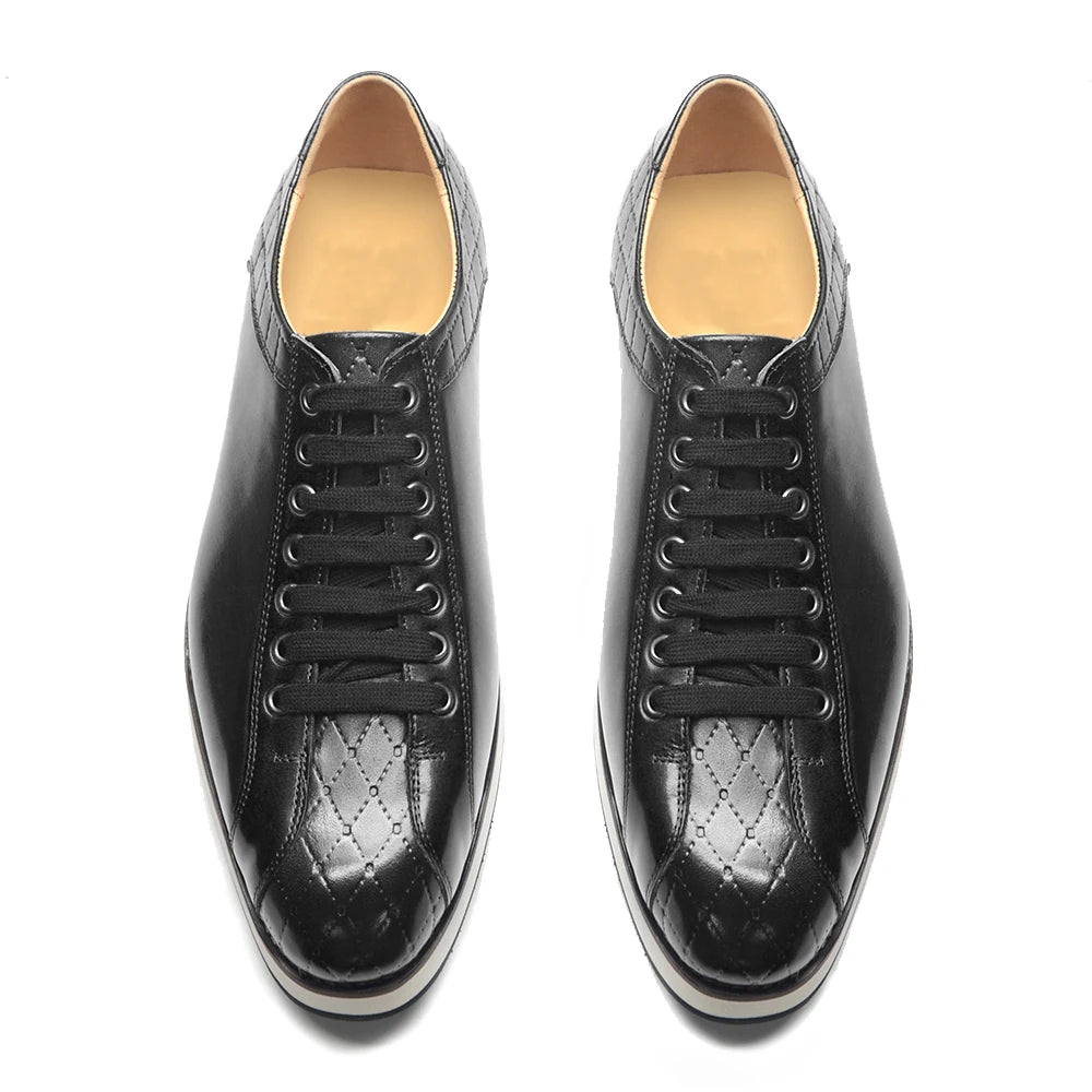 Europe 2024 Fall Luxury Men's Genuine Leather Plaid Casual Shoes | Black & Dark Brown Business Sneakers (Height Increasing) Luxegan