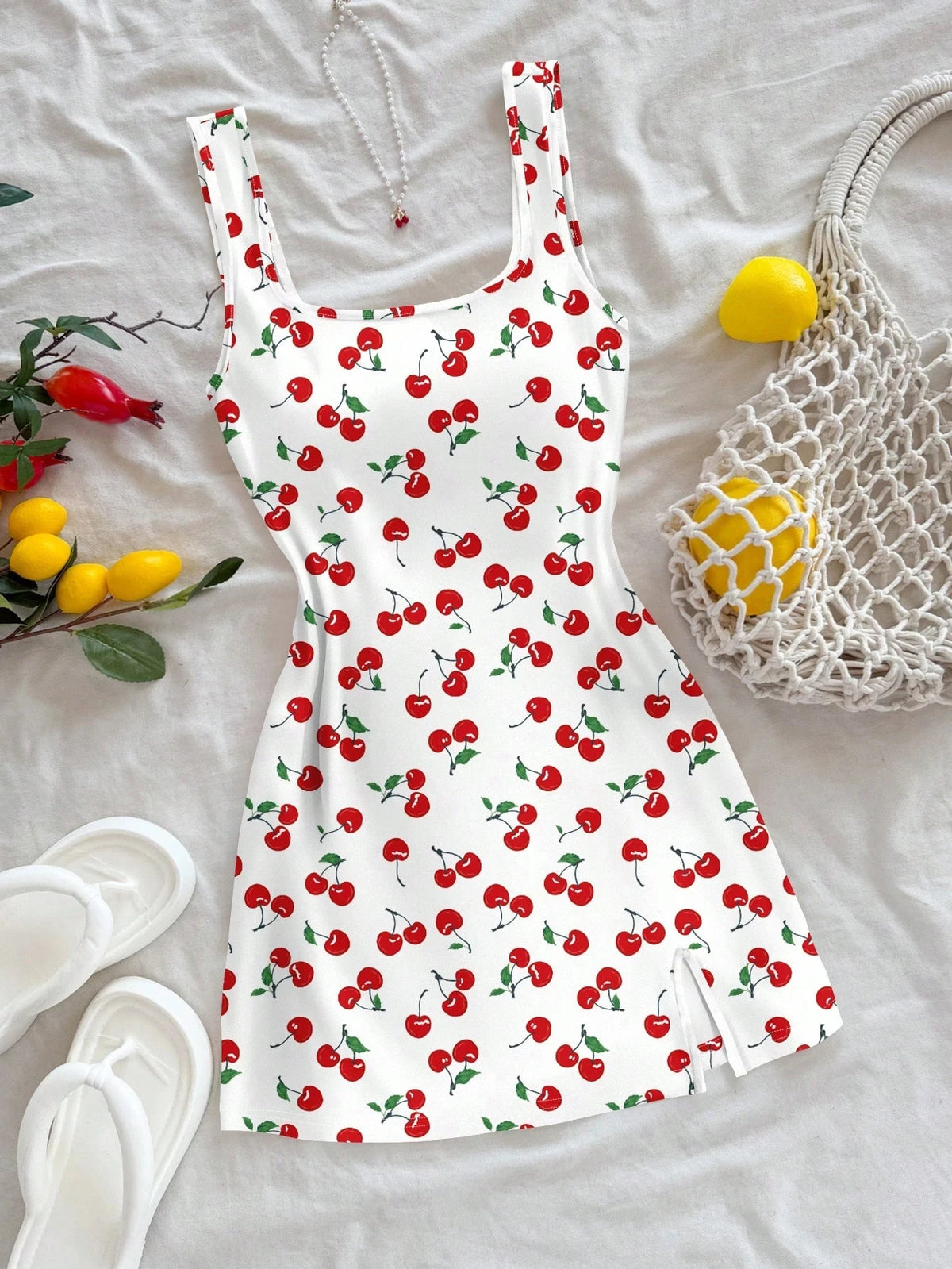 Cherry Print Square Neck Sleeveless Slim Fit Sheath Mini Dress – Spring/Summer Luxegan