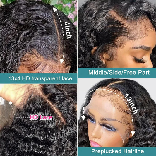 Deep Wave 200% Density Glueless Lace Wig - 13x6 / 13x4 Transparent Lace Frontal & 6x4 Wear-and-Go Human Hair Wig - 100% Brazilian Remy Water Curly Long Wig for Women (32-34 Inch) Luxegan