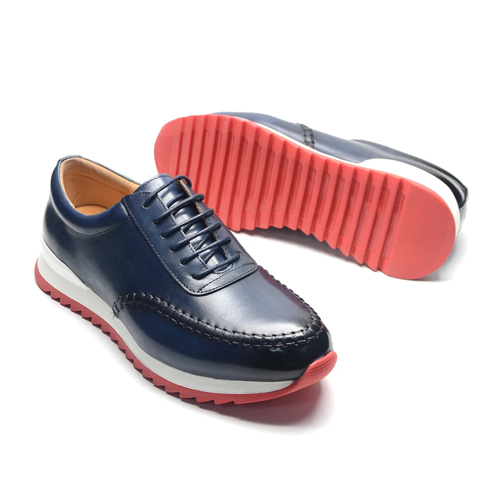 Classy Men's Genuine Leather Low Top Sneakers | Red Bottom Lace-Up Casual Dress Shoes (Breathable) Luxegan