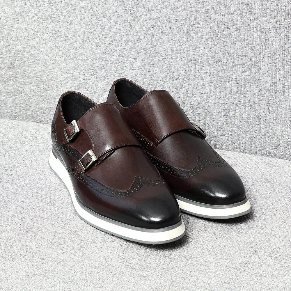 Luxury Men's Double Buckle Monk Strap Flats | Genuine Leather Casual Walk Shoes (Dark Brown, Black) Luxegan