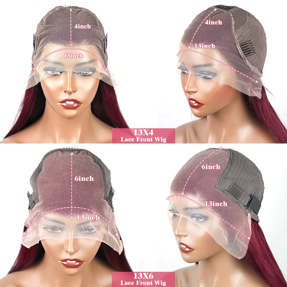 99J Burgundy Body Wave Lace Front Wig | HD Transparent Lace | 200% Density | 30-34 Inch Brazilian Hair