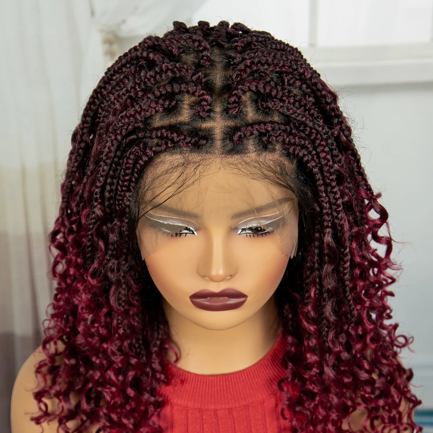 Burgundy Curly Ends Knotless Braids Bob Wig | 99J | Full Lace | Boho Style Luxegan