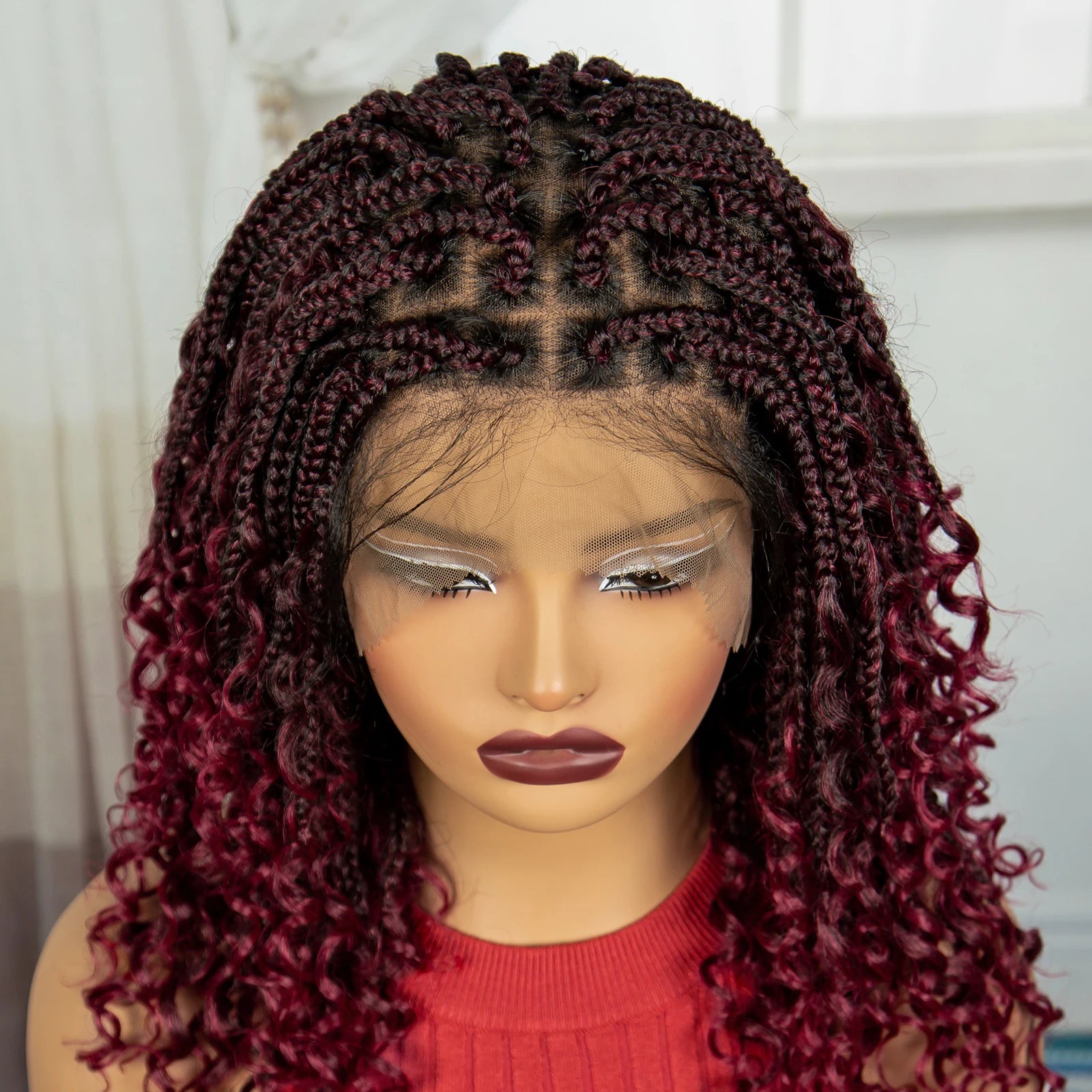 Burgundy Curly Ends Knotless Braids Bob Wig | 99J | Full Lace | Boho Style Luxegan