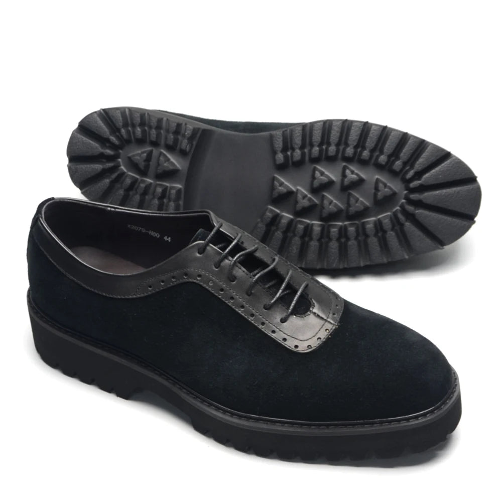 Designer Luxury Platform Oxfords for Men | Cow Suede Genuine Leather Black & Blue Casual Sneakers (Height Increasing) Luxegan