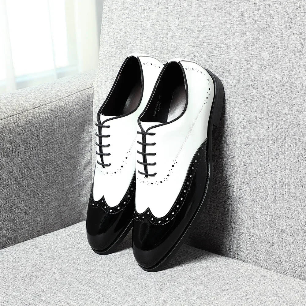 Elegant Men's White & Black Wingtip Brogue Oxfords | Genuine Leather Wedding, Party & Social Dress Shoes Luxegan