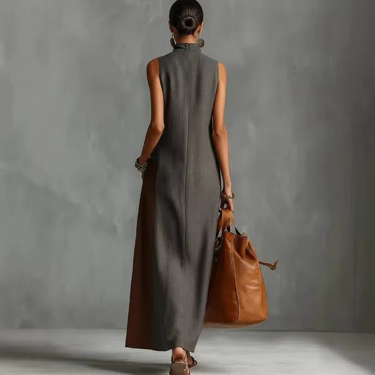 Women's Bohemian Color Block Maxi Dress | Summer Beach Vest Type High Neck Long Dress | Loose Casual Halter Cutout Sundress | Premium Tatting Slight Stretch Ankle-Length Robe with Pockets Model P875225553942786048 Luxegan