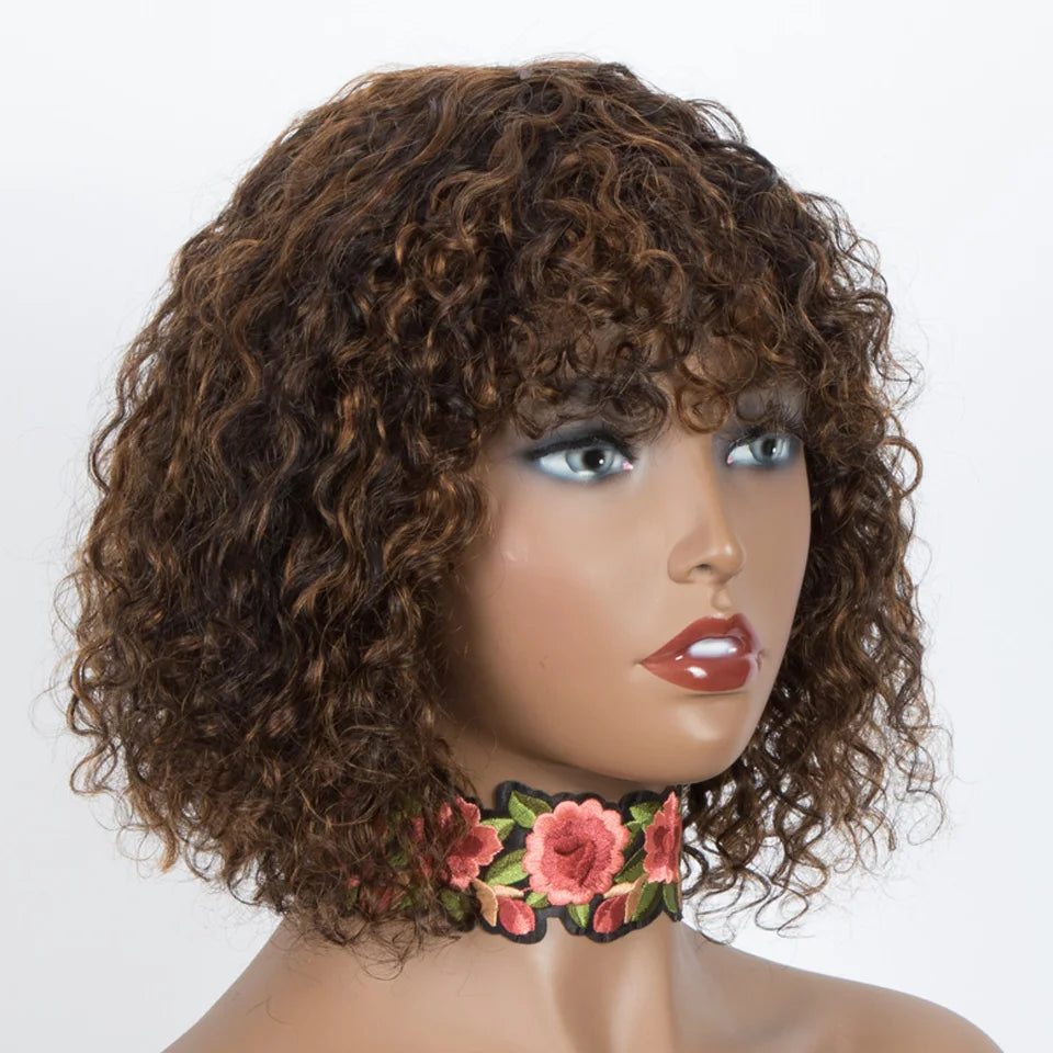 Jerry Curly Short Pixie Bob Wig with Bangs | Full Machine Made Remy Human Hair for Black Women Luxegan
